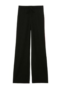 Pantalons larges noirs en tissu doux, dotés d'une taille élastique avec un cordon de serrage, offrant une coupe décontractée. Pas de motifs visibles.