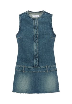 Ærmeløs blå denim mini kjole med rund halsudskæring, front søm, bæltestropper og falmet detaljering på nederdelsområdet.