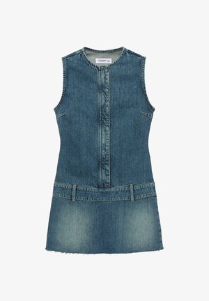 Modré rifľové minišaty bez rukávov s okrúhlym výstrihom, predným švom, očkami na opasok a vyblednutými detailmi na sukni.