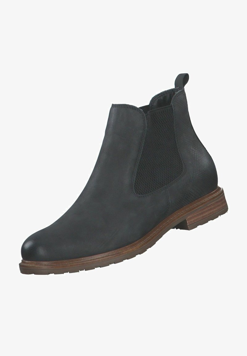 Black leather ankle boot with elastic side panels, textured accents, and a brown stacked heel. Smooth surface and rounded toe design.