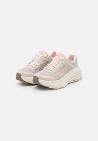 Sneakers with a light gray mesh upper, pink accents, textured sole, and a cushioned midsole labeled “MAX CUSHION.” Lace-up design.