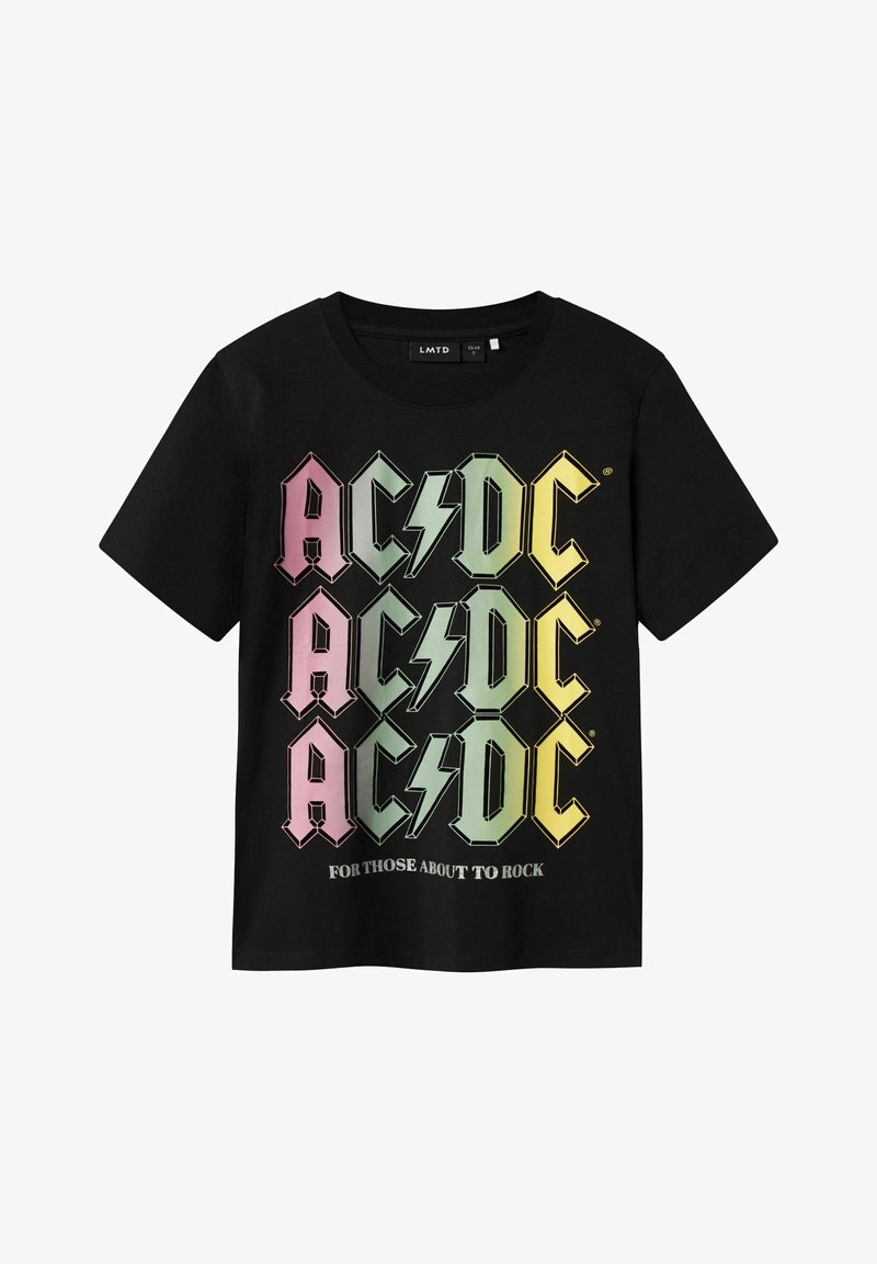 Camiseta negra con el logo multicolor de "AC/DC" acompañado de rayos. Mangas cortas, cuello redondo, material de algodón. Texto "FOR THOSE ABOUT TO ROCK".