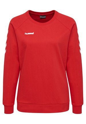 Roter Langarm-Sweatshirt aus Baumwolle mit Rundhalsausschnitt, gerippten Bündchen und einem weißen Logo sowie Chevronstreifen an den Ärmeln.