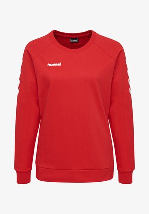 Roter Langarm-Sweatshirt aus Baumwolle mit Rundhalsausschnitt, gerippten Bündchen und einem weißen Logo sowie Chevronstreifen an den Ärmeln.