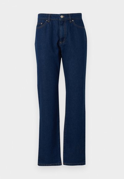 Jeans de denim azul oscuro con un diseño de pierna recta, estilo de cinco bolsillos, cremallera frontal y cierre de botón. Tela duradera con sutiles detalles de costura.