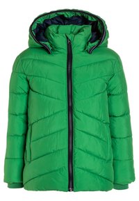 Veste d'hiver matelassée verte vif avec fermeture éclair noire sur le devant, capuche attachée doublée de tissu sombre et poches latérales.