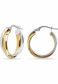 Orecchini a cerchio in tono oro e argento con un design intrecciato. Finitura liscia con chiusura a scatto sicura. Forma circolare, dimensione media.