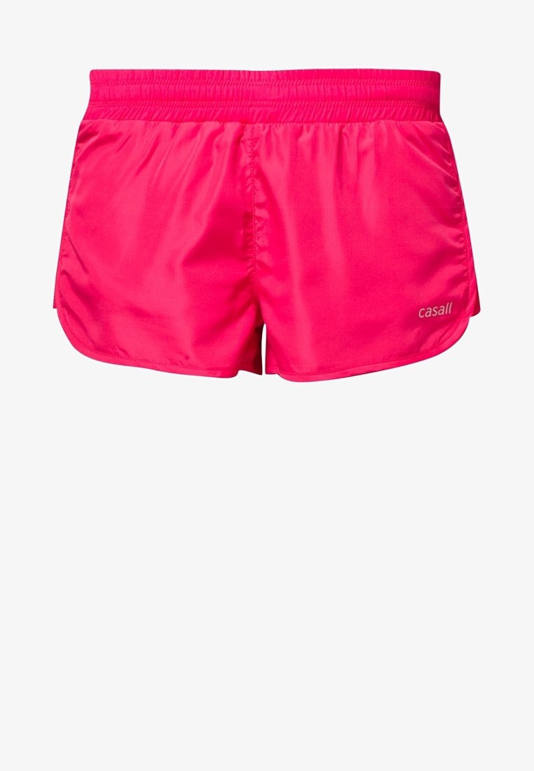 Short de sport rose vif avec taille élastique et petit logo "casall" en bas à droite.