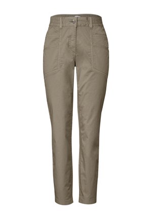 Khakihosen mit glatter Textur, elastischem Bund, Knopfverschluss und Seitentaschen; gerade Beinform mit Steppnähten.