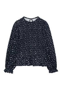 Marinblus med vitt blommönster, smockad midja och utsvängda volangärmar. Nyckelhålsstängning bak. Lättviktsmaterial.