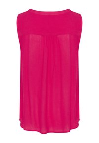 Haut sans manches de couleur rose vif, confectionné dans un tissu léger. Il présente une coupe décontractée avec un dos froncé et un col lisse.