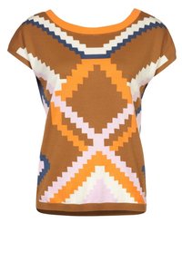 Kortärmad stickad topp med ett geometriskt mönster i brunt, orange, vitt, rosa och blått. Rundad halsringning och avslappnad passform.
