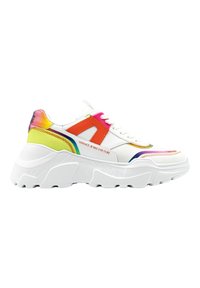 Baskets blanches chunky avec des accents multicolores en orange, rose et vert. Tige en tissu texturé, semelle en caoutchouc et détail du logo sur le côté.