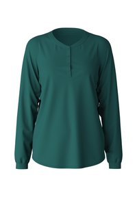 Teal langarmshirt met een ronde halslijn en knopenlijst. Gemaakt van een gladde stof met een losse pasvorm en aangesloten manchetten.