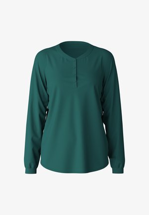 Teal langarmshirt met een ronde halslijn en knopenlijst. Gemaakt van een gladde stof met een losse pasvorm en aangesloten manchetten.