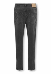 Mörkgrå denimjeans med slim fit, med två bakfickor och en läderetikett på midjebandet. Sömmar och en mjuk textur.