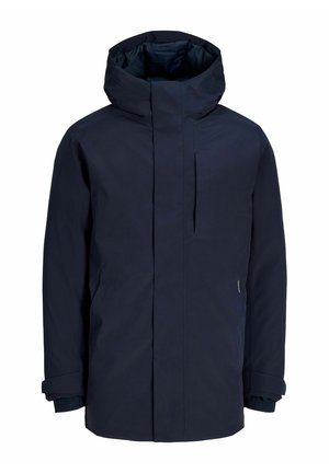 Veste d'hiver isolante bleu marine foncé avec col montant, capuche, manches longues et fermeture éclair dissimulée à l'avant.