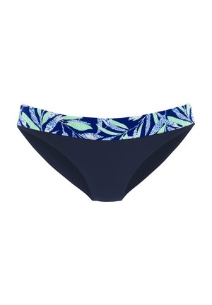 Bikini bottom features a navy main body with a leafy patterned waistband in green and light blue on a dark background. Smooth texture.