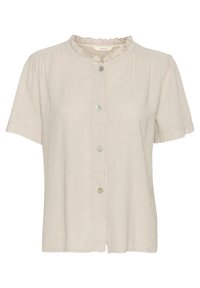 Blusa a maniche corte, di un leggero colore beige, con colletto arricciato e chiusura con bottoni. Realizzata in tessuto morbido con una texture sottile e una vestibilità comoda.