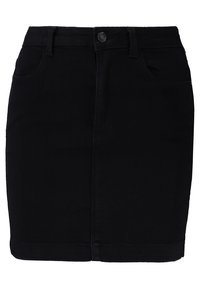 Svart denimkjol med fem fickor, knappstängning och rak passform. Har en fåll som slutar ovanför knäet. Slät textur.