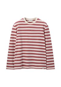 Gestreiftes Langarmshirt in Rot und Creme, mit rundem Ausschnitt und gestrickter Textur. Verfügt über kontrastierende Rippenbündchen und ein kleines Etikett am Saum.