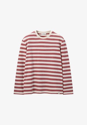 Striped long-sleeve shirt in red and cream, with a round neckline and knit texture. Features contrasting ribbed cuffs and a small label at hem.