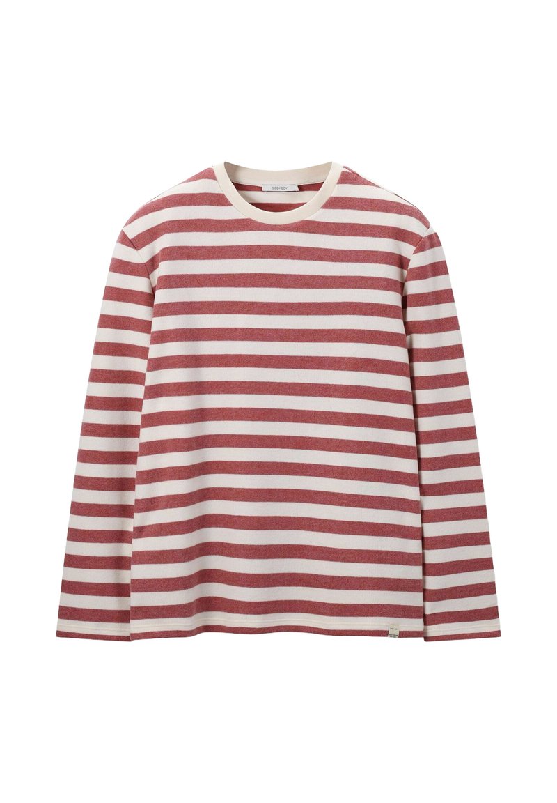 Gestreiftes Langarmshirt in Rot und Creme, mit rundem Ausschnitt und gestrickter Textur. Verfügt über kontrastierende Rippenbündchen und ein kleines Etikett am Saum.