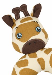 Pliušinis žirafos žaislas šviesiai rudos spalvos audiniu, rudais dryžiais ir siūtais detalėmis. Ryškios mėlynos akys, rudos ausys ir rageliai. Minkšta tekstūra.