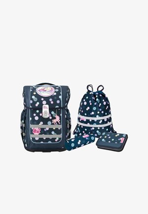 Blue polka dot backpack set including a main backpack, drawstring bag, pencil case, and zippered pouch. Features a unicorn charm and reflective accents.