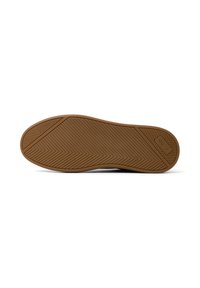 Suola di scarpa in gomma marrone con motivo a spina di pesce e logo impresso. Superficie liscia con punta arrotondata e bordi texturizzati per una presa migliore.
