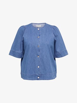 Modra jeans srajca s kratkimi rokavi z okrolim izrezom, srebrnimi gumbi na sprednji strani in rahlo nabranimi rokavi.