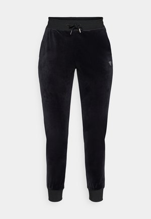 Zijdeachtige zwarte joggingbroek met een elastische tailleband, een koord en geribde manchetten. Heeft een klein logo op de linker dij. Fijne textuur.