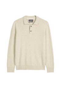 Beige gebreide pullovertrui met een geribbelde zoom en manchetten, een polokraag met drie knopen en een subtiele gemêleerde textuur door het geheel.