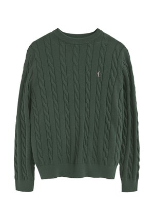 Mørkegrøn kabelstrikket sweater med rund halsudskæring. Har et tekstureret mønster og et lille broderet logo på venstre bryst.