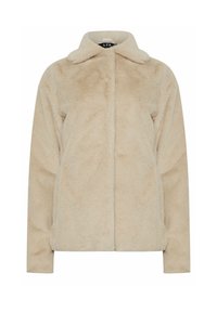 Beige faux fur jakke med krave, lynlås foran og lange ærmer. Blød tekstur med en let børstet finish.