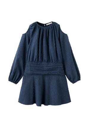 Robe bleu marine à manches longues avec découpes aux épaules, tissu texturé, taille froncée et jupe évasée.