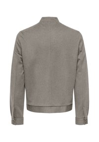 Graue Wolljacke mit einem geraden, cropped Design. Sie verfügt über einen Stehkragen, lange Ärmel, Knopfmanschetten und einen nahtlosen Rücken.