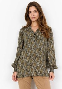 Green paisley-patterned blouse with long sleeves, a V-neck, and smocked cuffs, made from lightweight fabric. Features a relaxed fit.