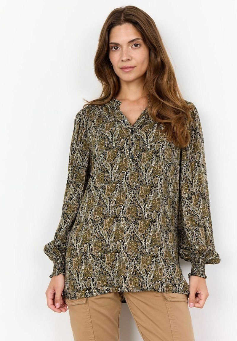 Green paisley-patterned blouse with long sleeves, a V-neck, and smocked cuffs, made from lightweight fabric. Features a relaxed fit.