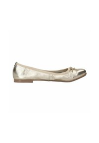 Gouden balletflats met een gladde metallic afwerking, ronde neus en een kleine strikaccent bovenop. Plat zool, slank ontwerp.