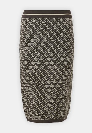 Dzianinowa spódnica ołówkowa w ciemnobrązowym i kremowym kolorze z wzorem diamentowym oraz akcentami logo; posiada jednolitą talię z paskiem w paski.