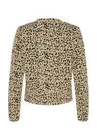 Jakna s tiskanjem leopardje, bež tkanina z črnimi pikami, dolgi rokavi, okroglo izrezovanje, oprijet kroj, vidni šivi na robovih in manšetah.