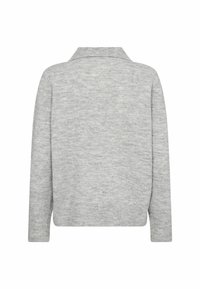 Grau, langärmliger Pullover mit geripptem Saum und Kragen. Glatte Textur, lässiges Design und lockere Passform, dargestellt aus der Rückansicht.