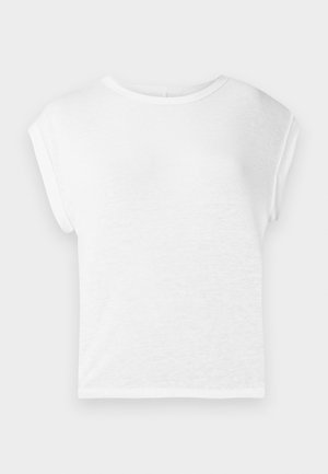 Weißes T-Shirt mit kurzen Ärmeln und rundem Ausschnitt. Weicher, leichter Stoff, lockere Passform, mit angeschnittenen Ärmeln und geradem Saum.