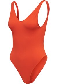 Gestreiftes, eng anliegendes Einteilerbadeanzug in leuchtendem Orange mit tiefem V-Ausschnitt und breiten Trägern. Glatte Textur und hoch geschnittene Beinausschnitte.