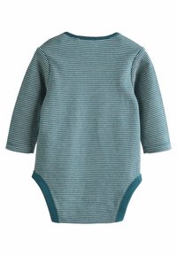 Pasiasty, długi rękaw bodysuit w kolorze turkusowym i białym. Miękka tkanina, okrągły dekolt i zatrzaski na dole. Gładka faktura i dopasowany krój.