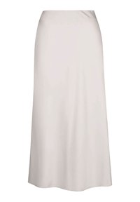 Soft, cream-colored midi skirt with a smooth texture. Features an elastic waistband and a flared silhouette, tapering gently toward the hem.