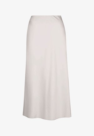 Weicher, cremefarbener Midirock mit glatter Textur. Verfügt über einen elastischen Bund und eine ausgestellte Silhouette, die sanft zum Saum hin verjüngt.