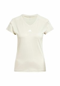 Beige v-ringad sportt-shirt med kort ärm, tillverkad av slät tyg. Adidas-logotyp i vitt på mitten av bröstet, diskret dekorsömnad vid halsringningen.