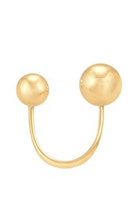 Guldtonad öronbåge med två släta, sfäriska ändar kopplade av en böjd stång, vilket skapar en minimalistisk design.